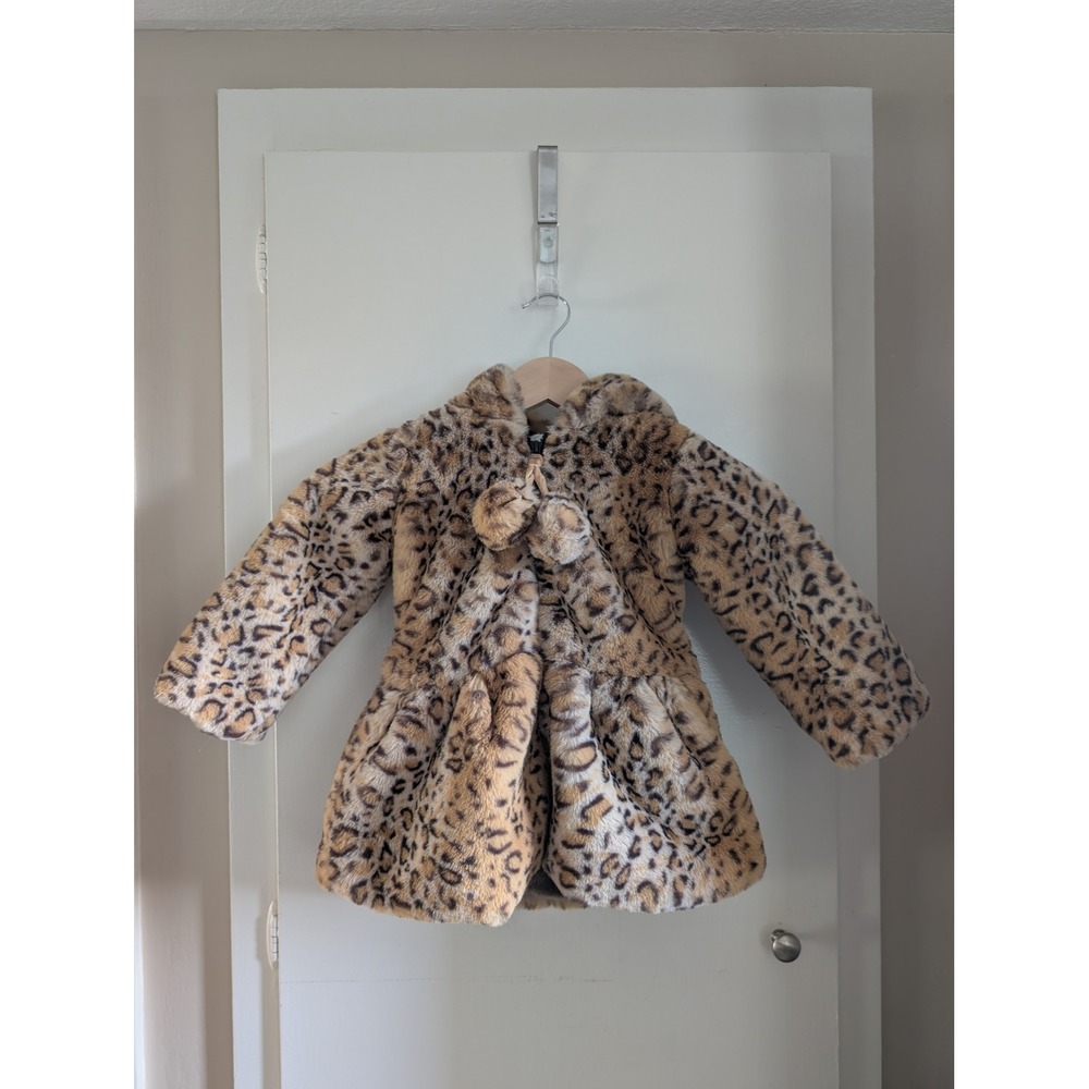 Girls Leopard Faux Fur Hooded Coat Pom Pom Zip Brown Tan Size 2 American Widgeon